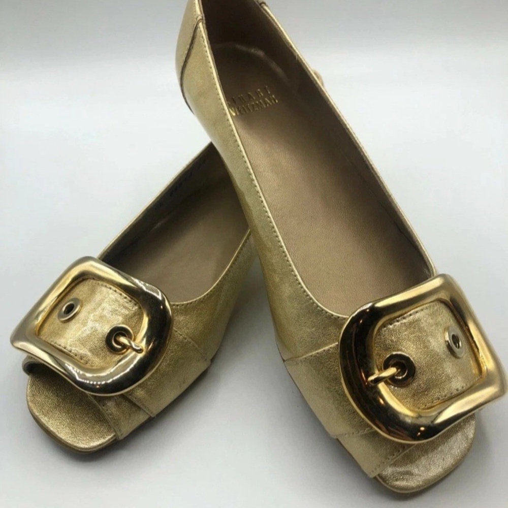 STUART WEITZMAN Flats: Patent Peep Toe W/ Gold Buckle Size 6.5 Made in Spain